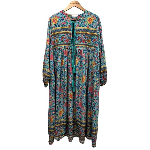 R. Vivimos Long Sleeve Floral Print Boho Midi Dress, NWT, Blue Green, L 12/14 - Picture 3 of 9